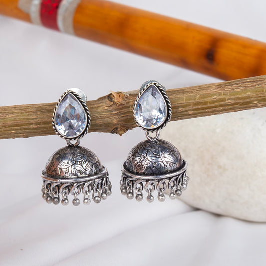 German Silver Jhumka Earrings with Multicolor Gem Cabochons