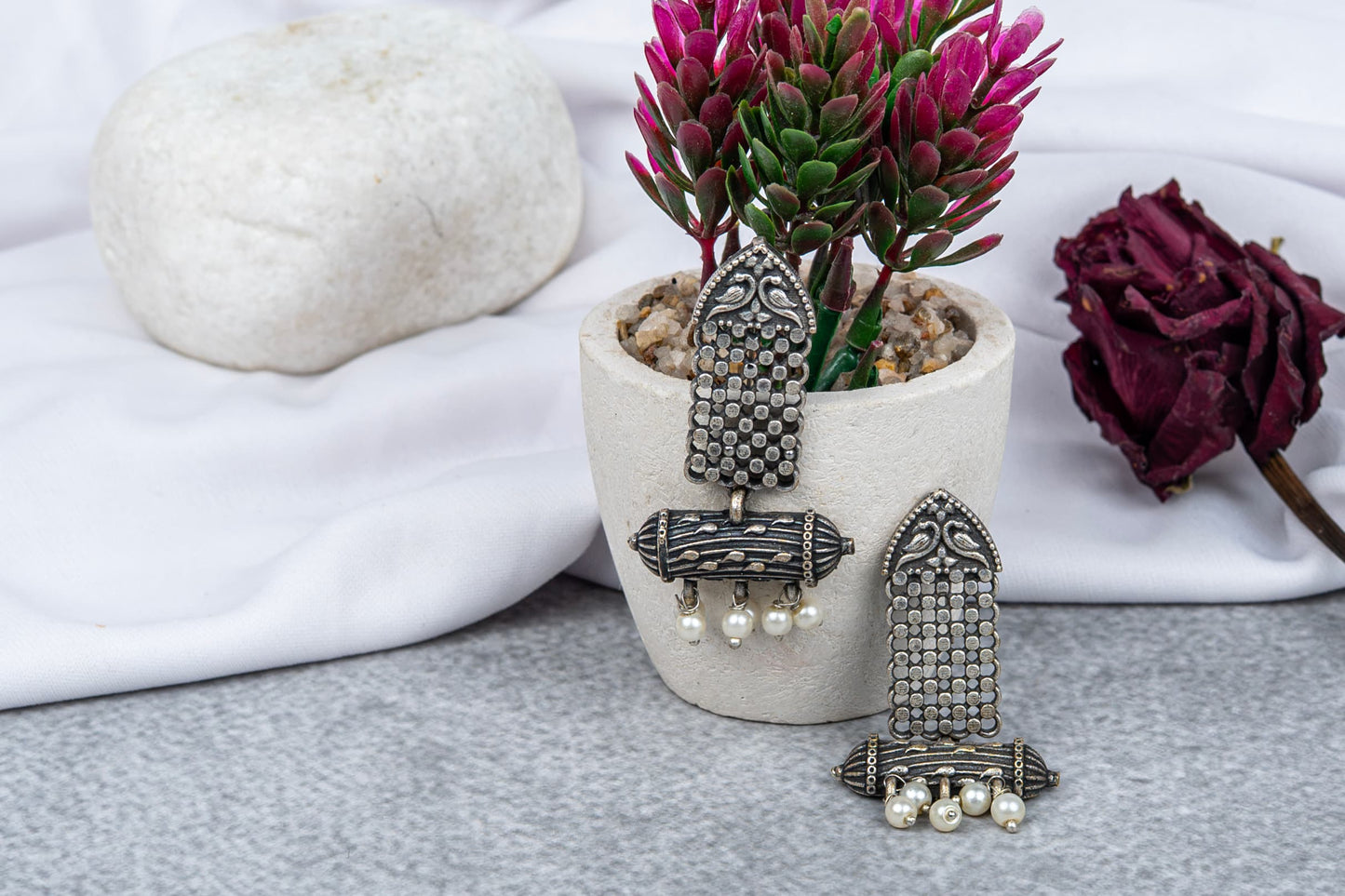 German Silver Long Dangler Earrings with Pearl Beads