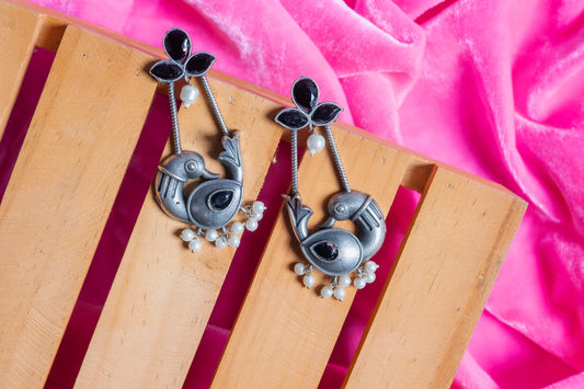 German Silver Bird Charm Earrings with Multicolor Cabochons