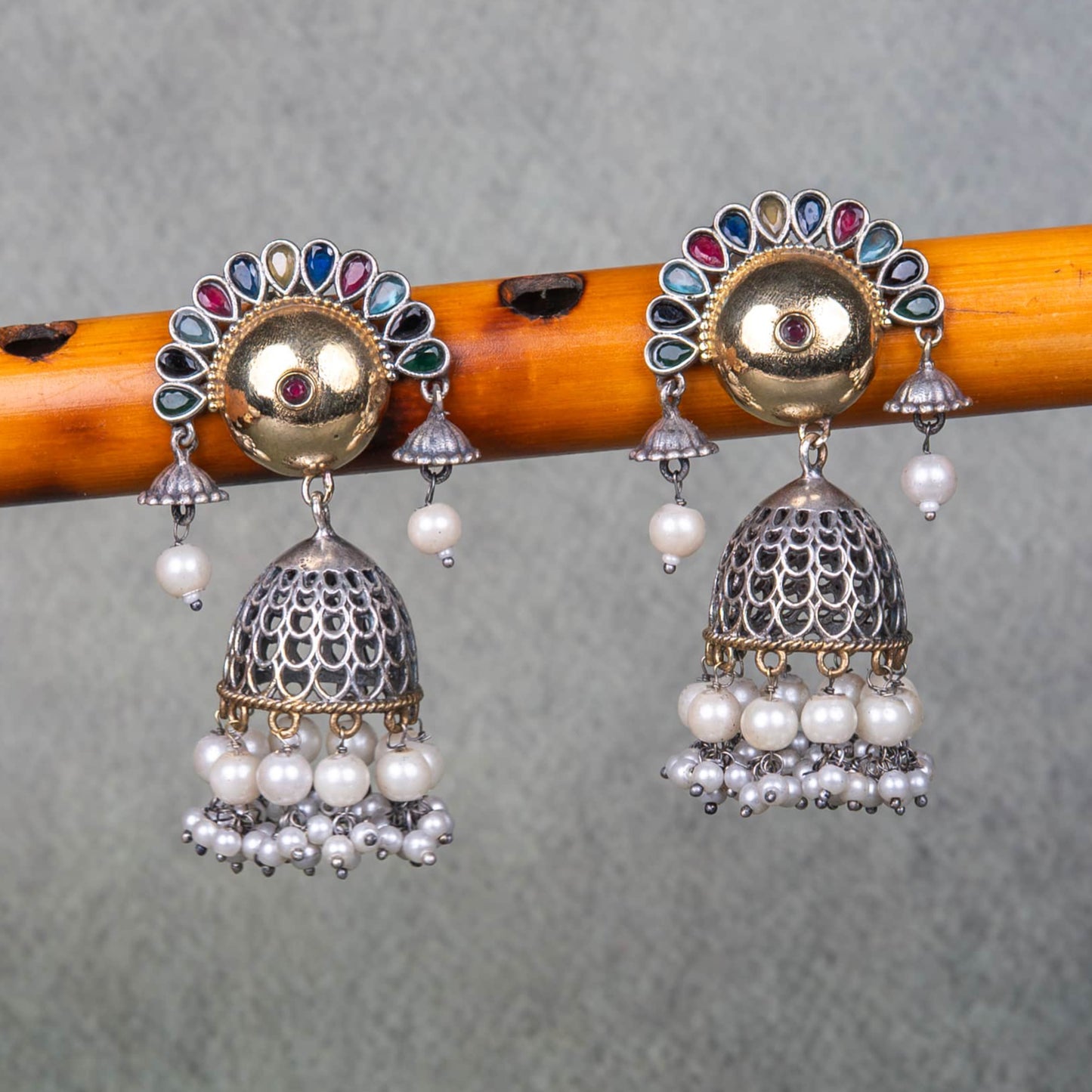 German Silver Earrings with Cabochons, Jhumka and Beads