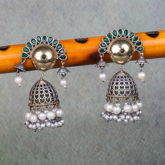 German Silver Earrings with Cabochons, Jhumka and Beads