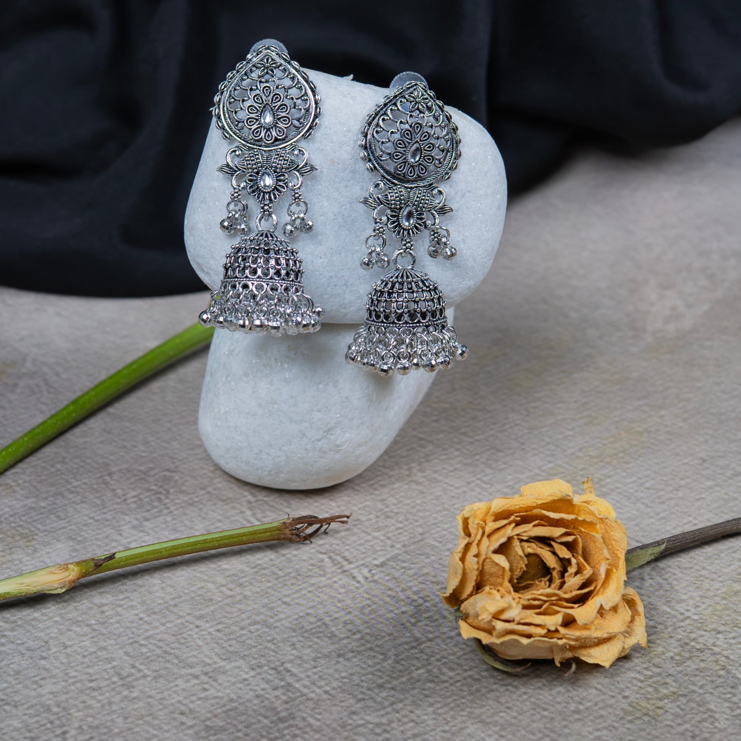 Oxidised Teardrop Earrings with Jhumka Dangles & Cabochons