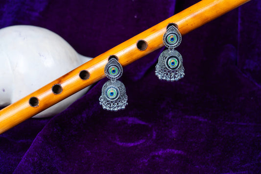 Oxidised Peacock Feather Motif Earrings with Dangling Jhumka