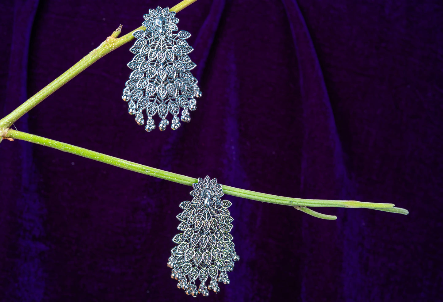 Oxidised Peacock Feather-Inspired Earrings with Dangling Beads