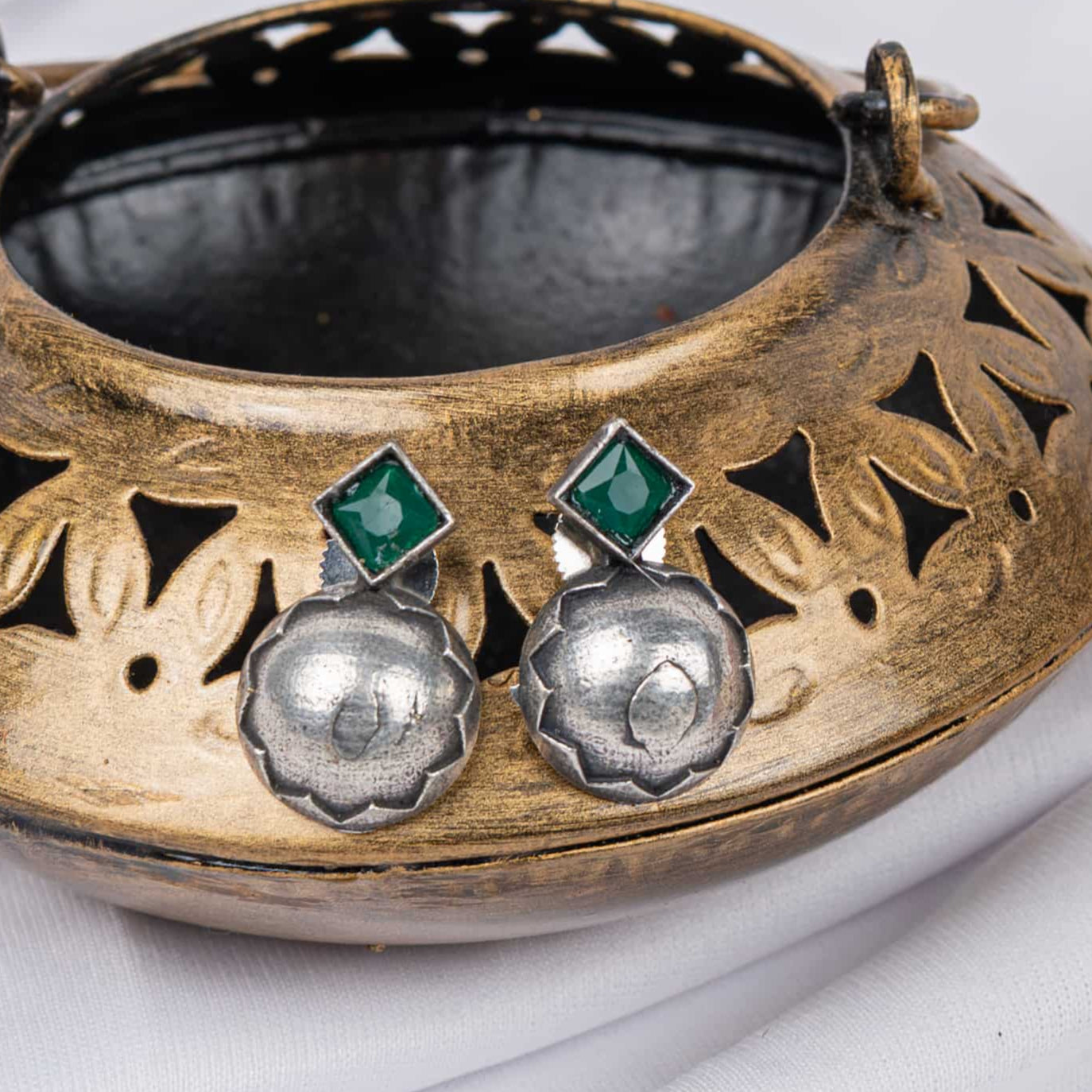 German Silver Earring with Ruby Square Crystal Tops