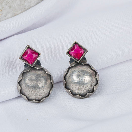 German Silver Earring with Ruby Square Crystal Tops