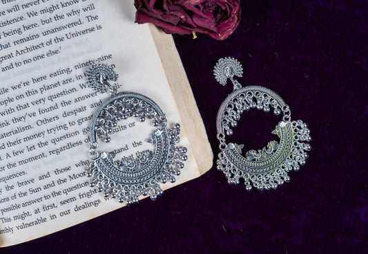 Oxidised Peacock Motif Hoop Earrings with Dangling Bells