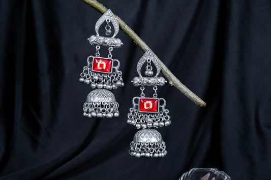 German Silver Arch Multicolor Gem Earrings with Jhumka & Bells