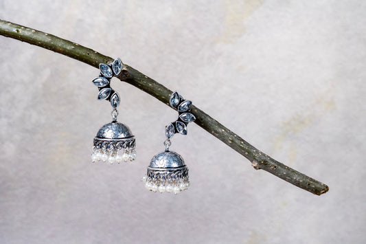 German Silver Earrings with Multicolor Leaf Cabochons & Jhumka