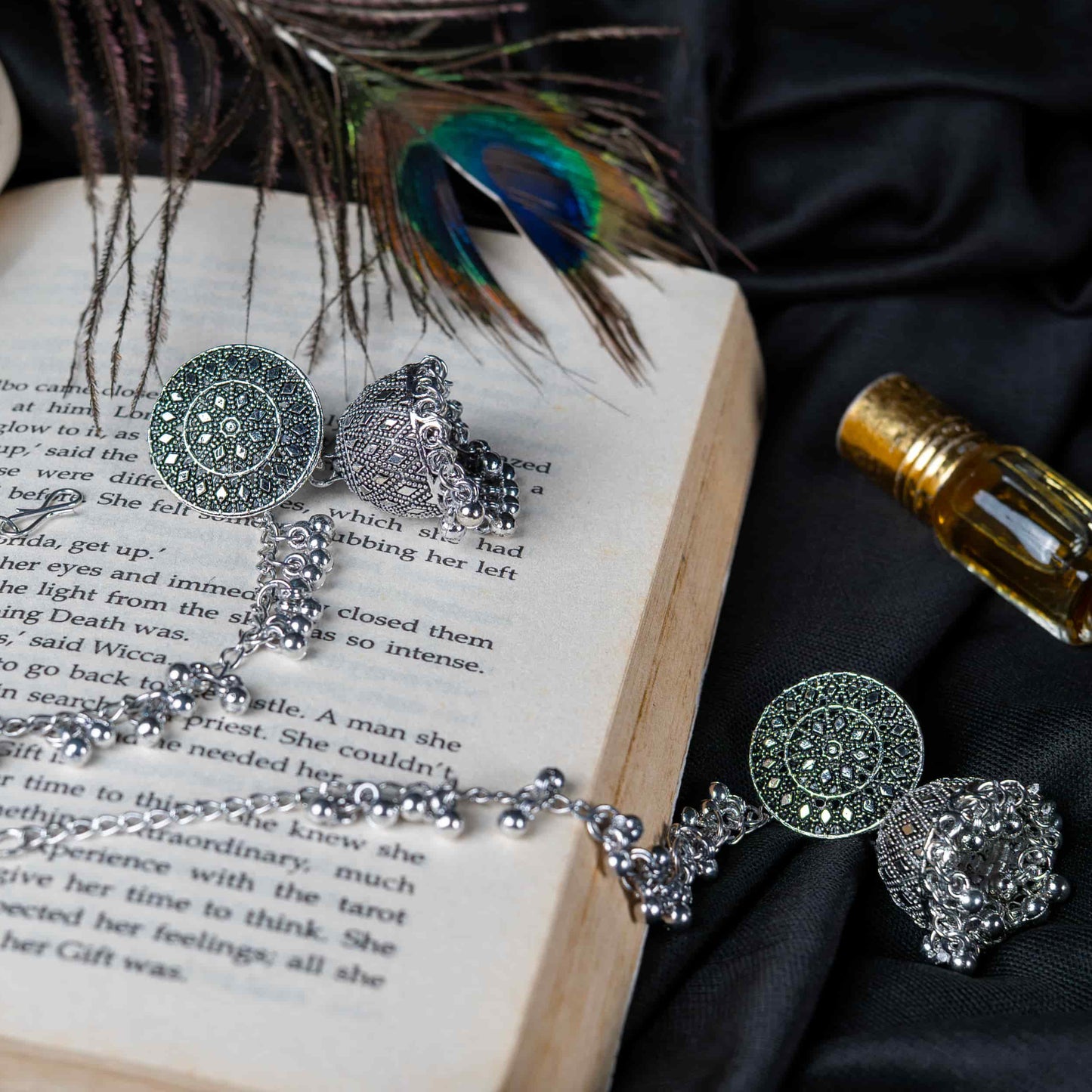 Oxidised Earrings with Intricate Mandala Design & Jhumka Dangle