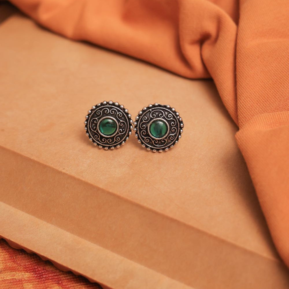 Oxidised Earrings with Filigree Spirals & Multicolor Cabochons (Pack Of 12)