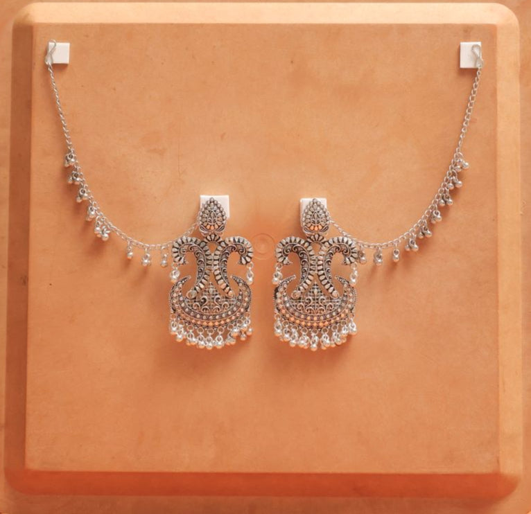 Oxidised Earrings with Ornate Design & Dangling Beads