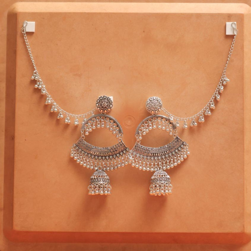 Oxidised Half-Moon Earrings with Dangling Jhumka & Beads