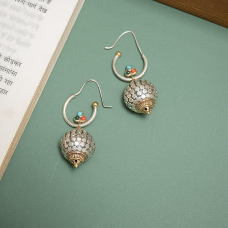 German Silver Hoop Earrings with Honeycomb Globe Danglers