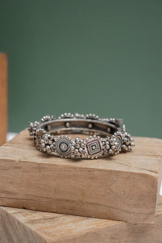 German Silver Round & Square Pattern Kada with Bells