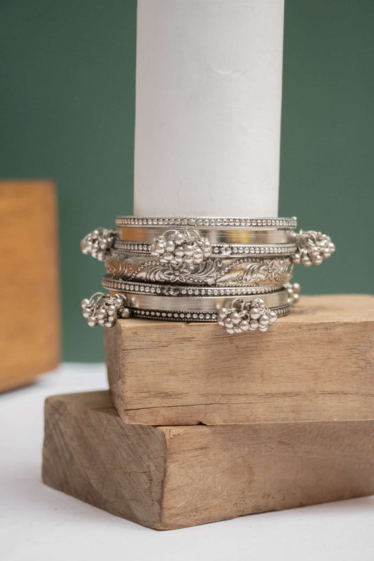 Oxidised Triple Layered Floral Bangles with Dangling Bells (3 Sizes)