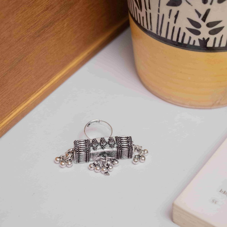 Oxidised Ring with Floral Design & Dangling Beads