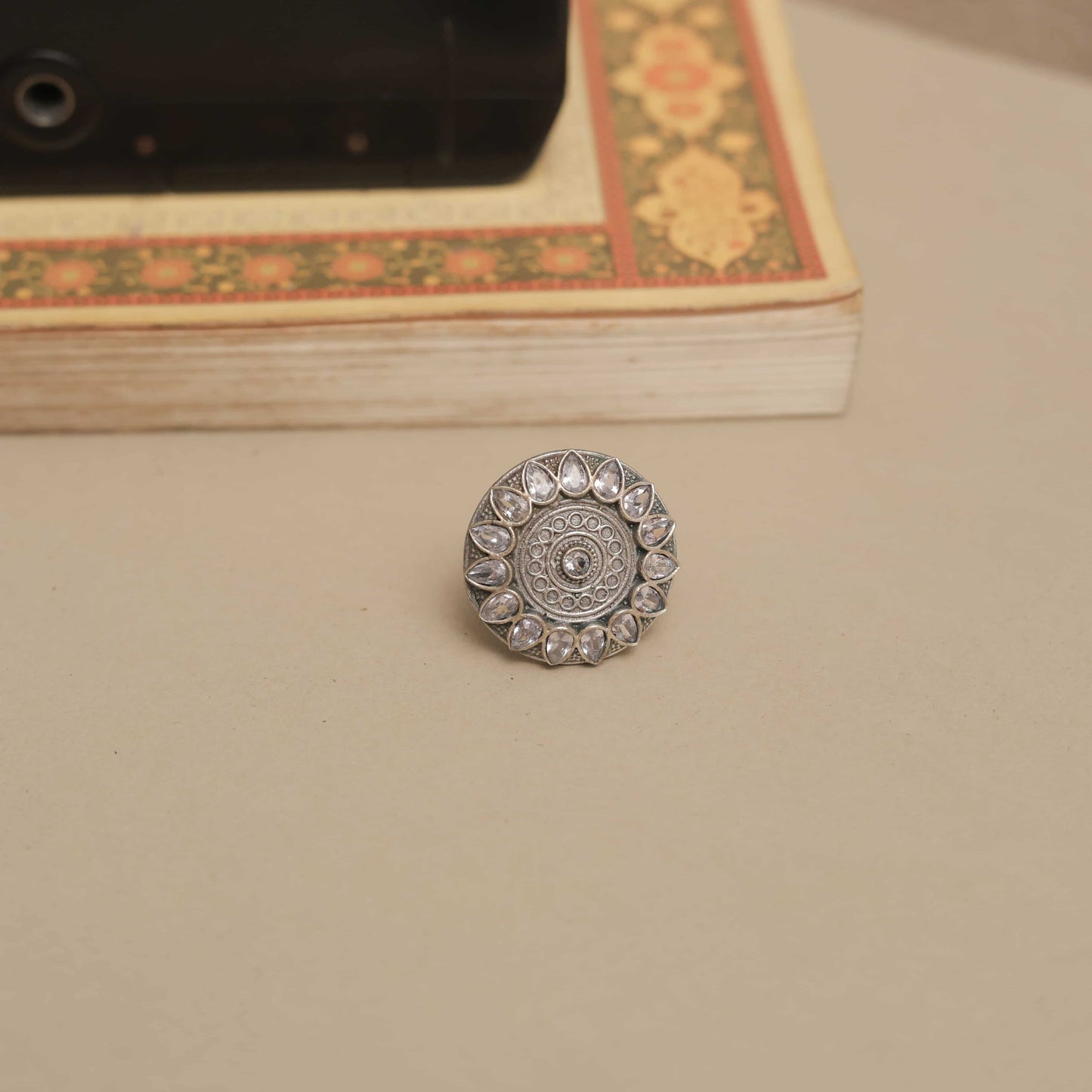 German Silver Mandala Design Ring with Multicolor Petal Cabochons