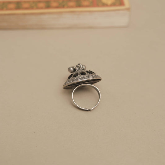 German Silver Ring with Dangling Beads and Colored Petals