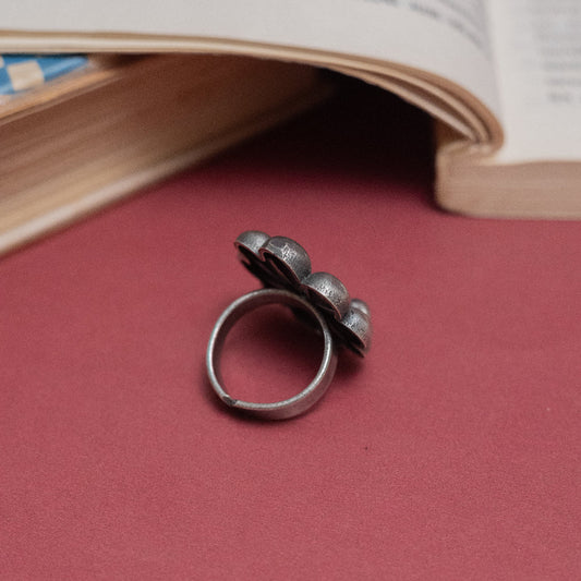 German Silver Floral Dome Adjustable Ring with Dangling Beads