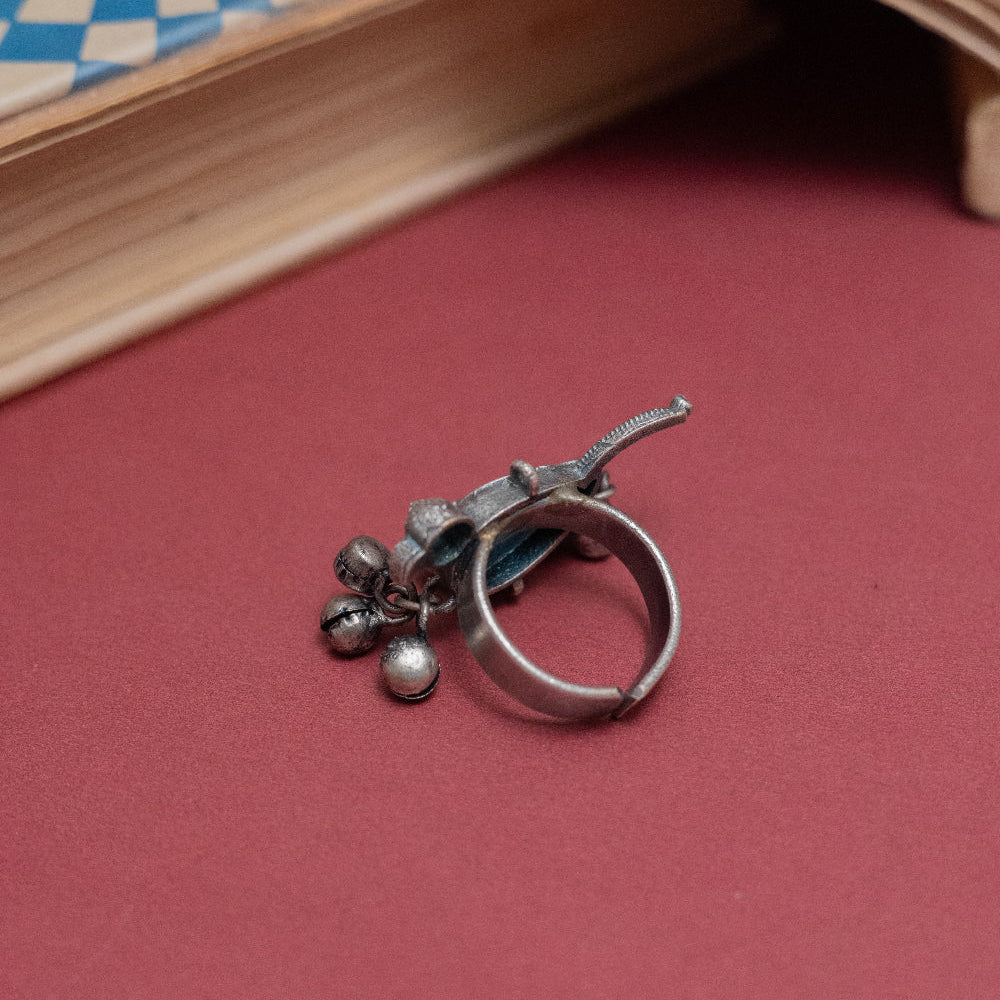 Oxidized Silver Bird Ring with Bells