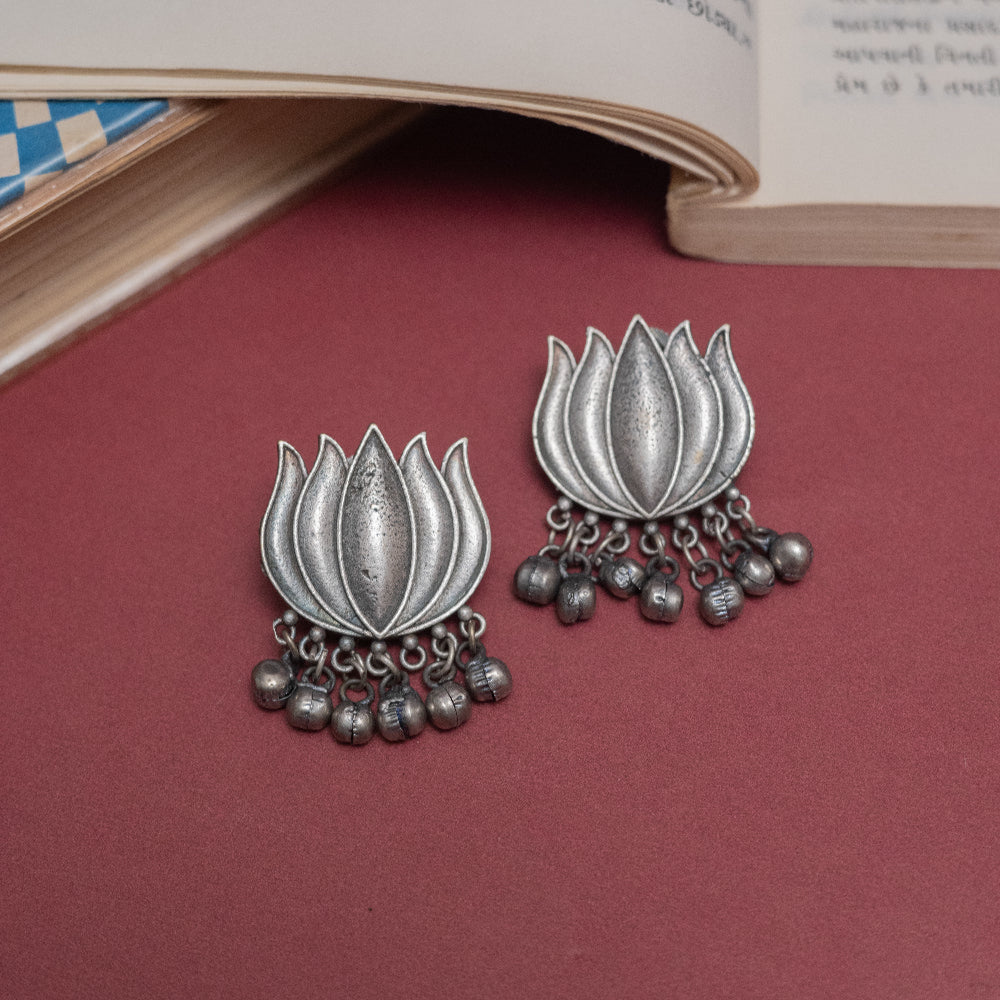 Oxidized Silver Lotus Drop Earrings