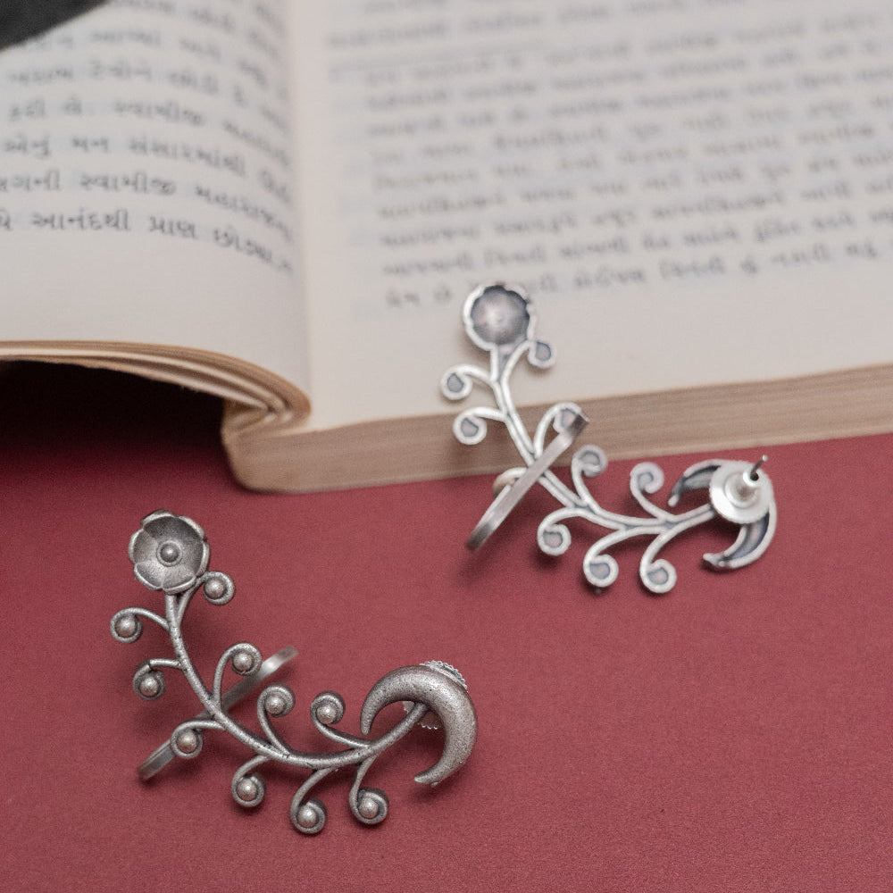 German Silver Floral Vine and Crescent Moon Ear Cuffs