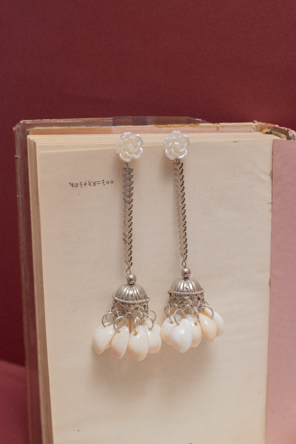 Floral Chain Cowrie Drop Oxidised Earrings