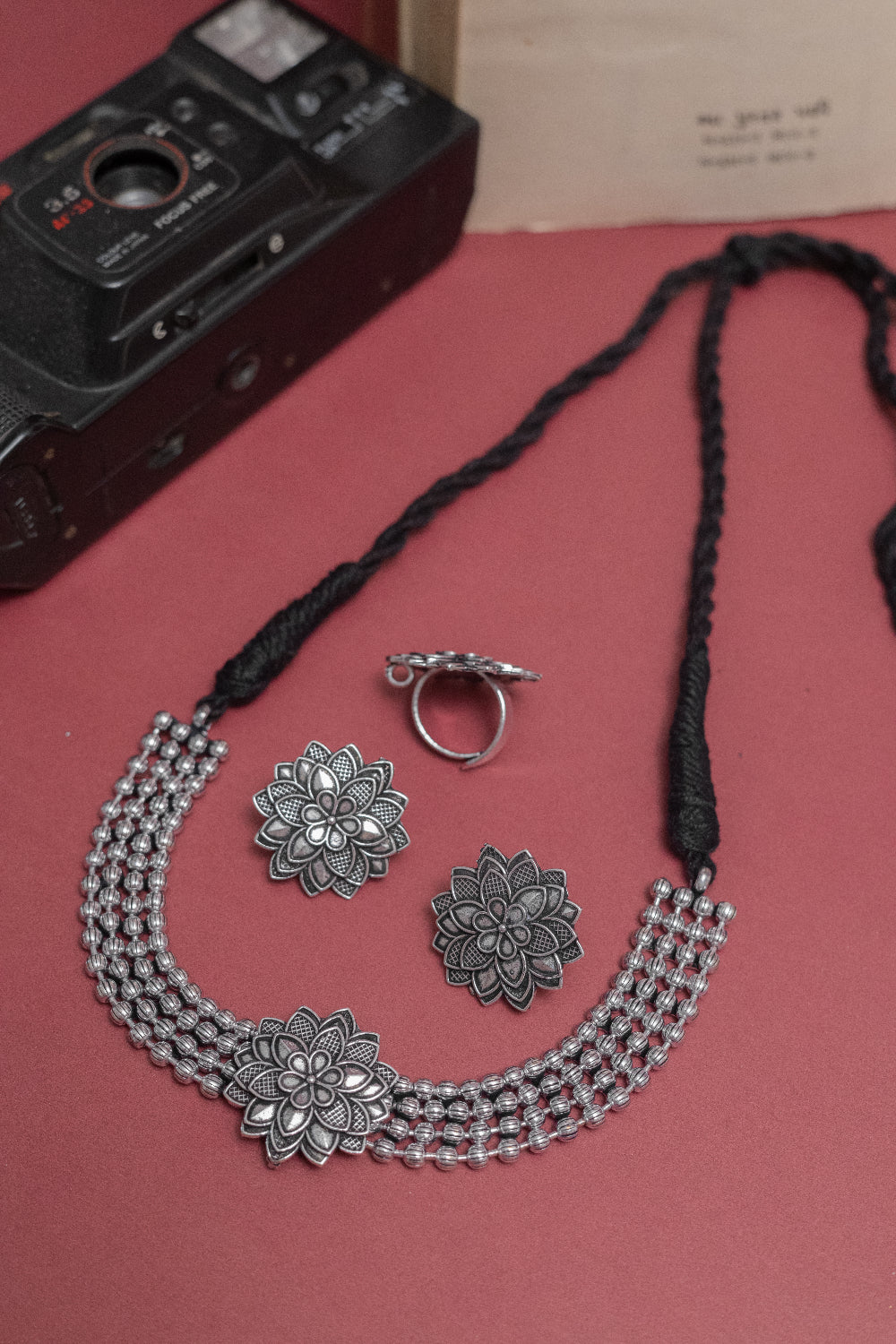 Oxidized Silver Floral Choker Set with Earrings & Ring