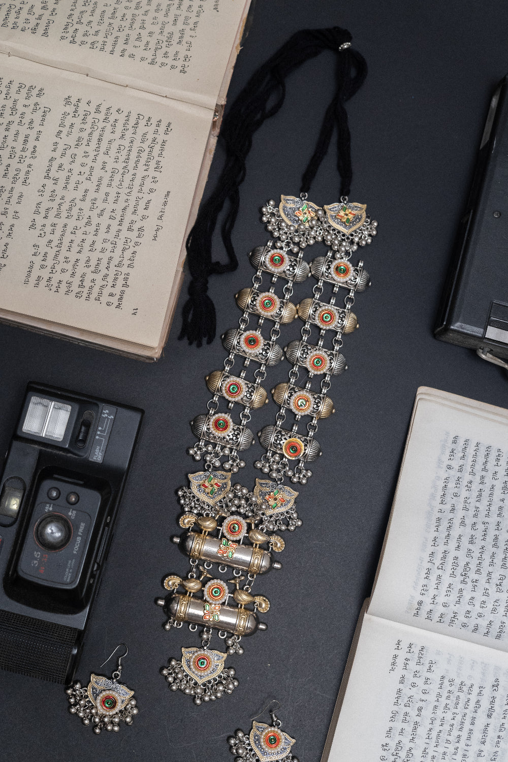 Two-Tone Ethnic Layered Necklace Set with Ornate Pendants and Bells