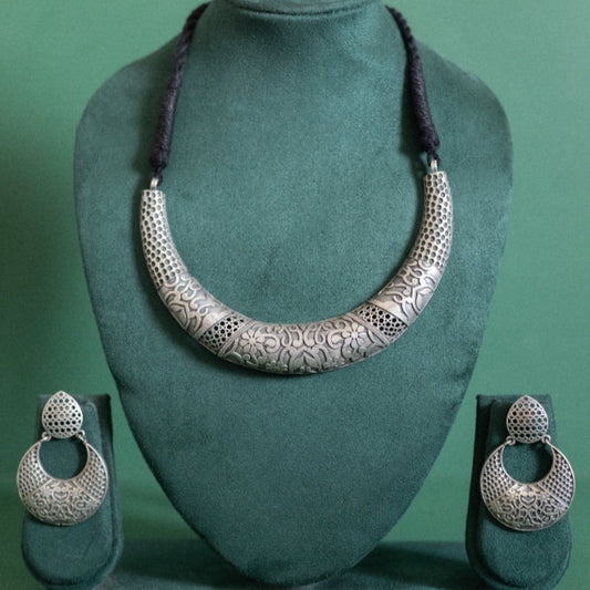 German Silver Floral Engraved Choker Set with Hoop Earrings