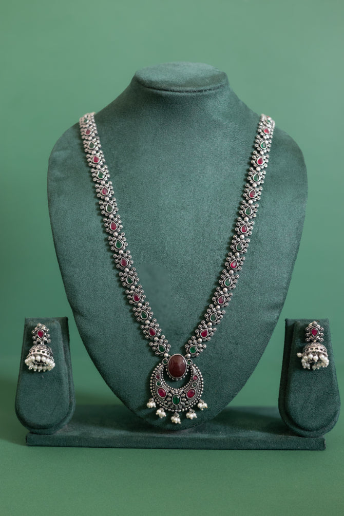 Regal German Silver Multi-Stone Necklace with Ruby, Emerald, and Pearl Drops