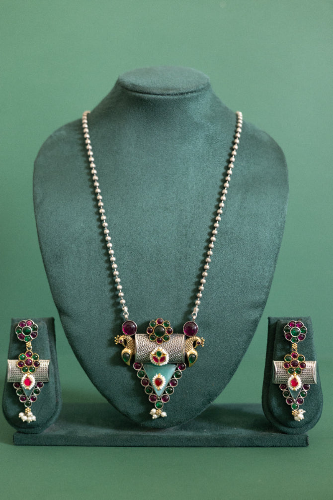 Two-Tone Multi-Ruby Pendant Set with Pearl-Beaded Chain and Dangle Earrings