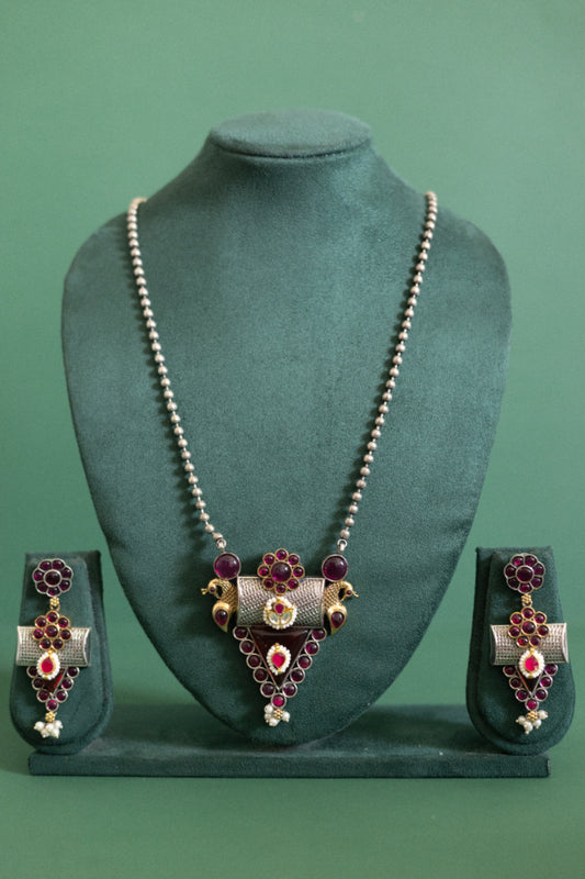 Two-Tone Multi-Ruby Pendant Set with Pearl-Beaded Chain and Dangle Earrings