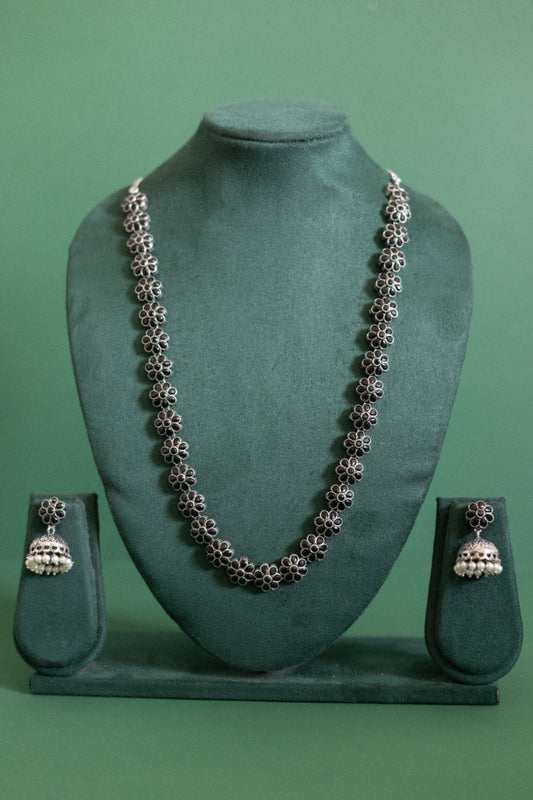 Crimson Bloom German Silver & Pearl Jhumka Set