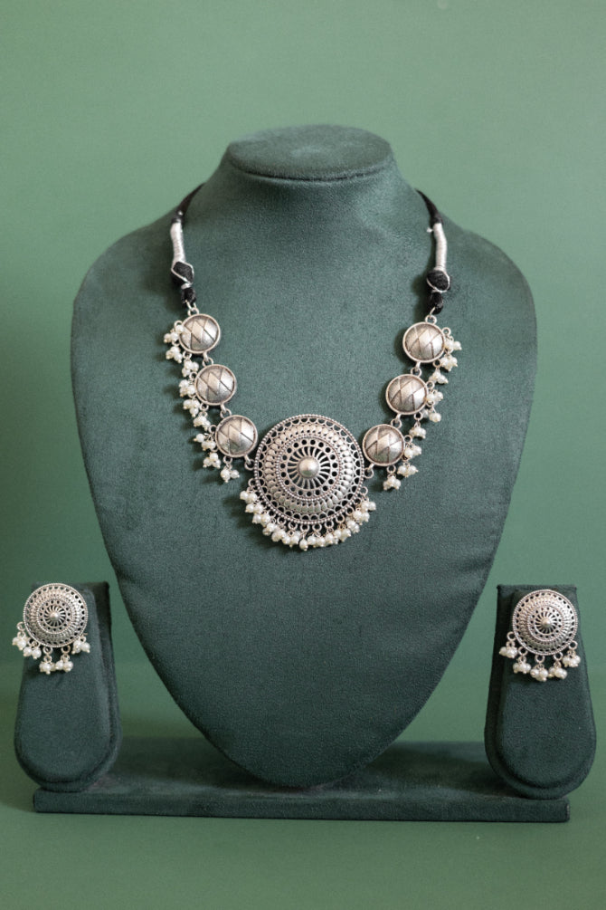 Bohemian German Silver Filigree & Ghoongroo Choker Set with Pearl Drop
