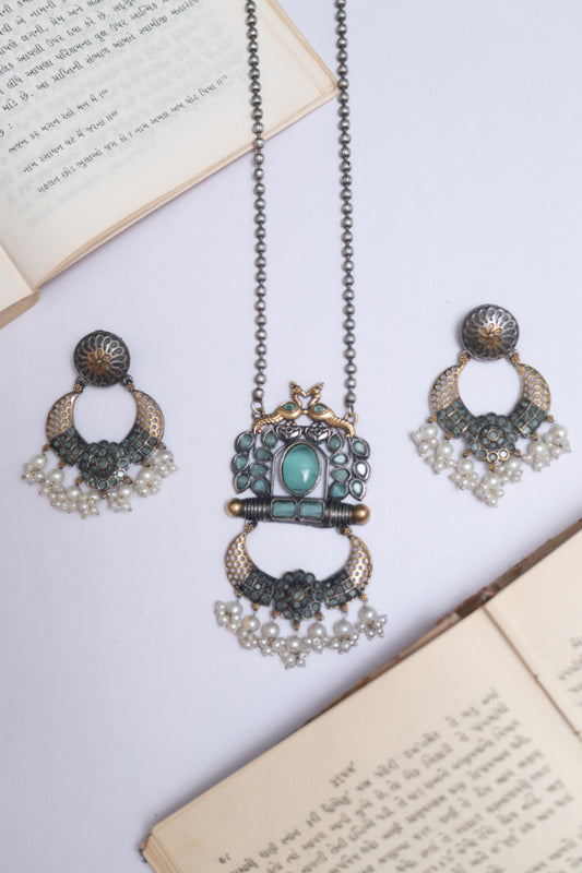 Emerald Bloom German Silver & Pearl Dangler Set