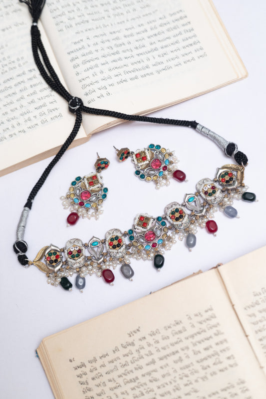 German Silver Ruby & Pearl Choker Necklace Set with Earrings