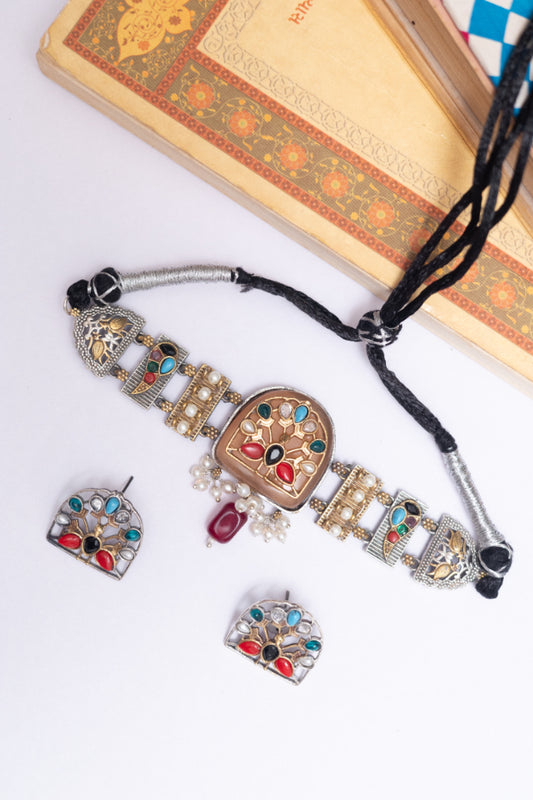 Tribal Fusion Two Tone Stone Choker Necklace Set with Pearl Accents