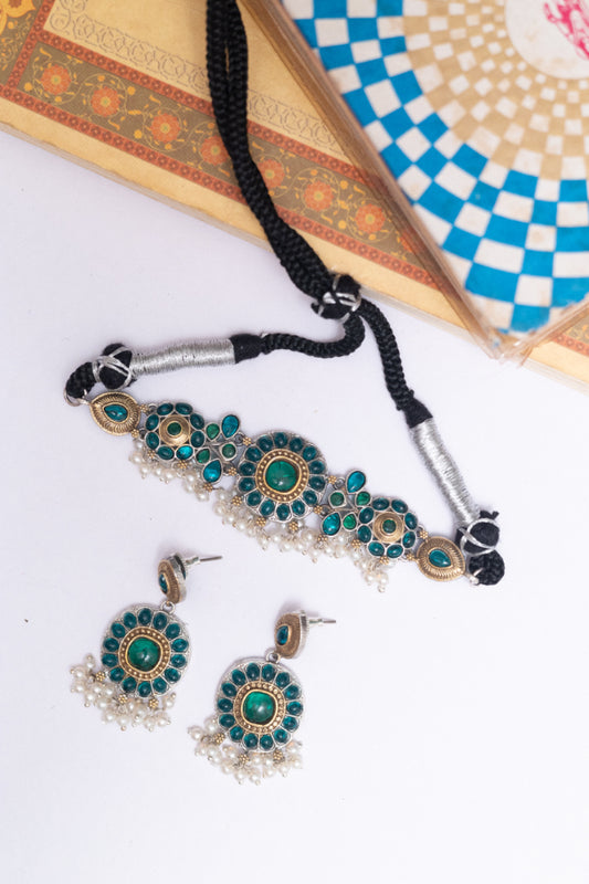 Two-Tone Kundan Stone Choker Necklace Set with Pearl Drops