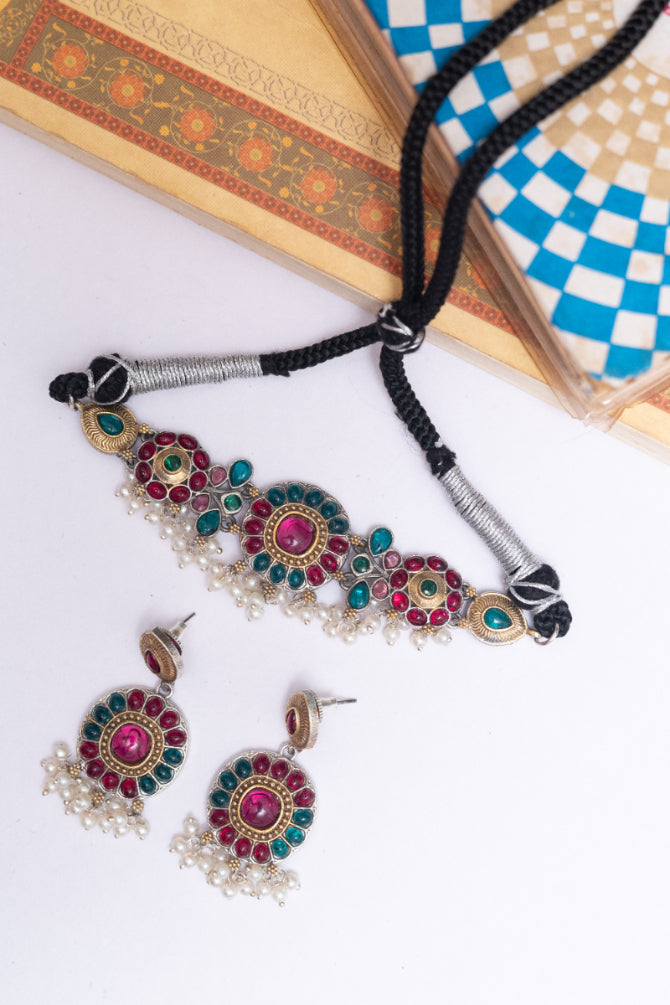 Two-Tone Kundan Stone Choker Necklace Set with Pearl Drops