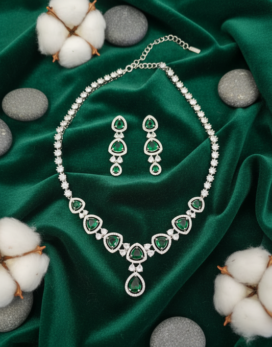 American Diamond & Emerald Cascade Necklace Set