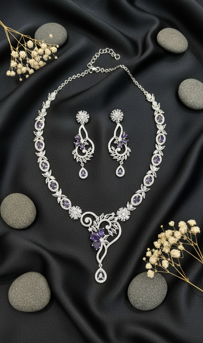 Enchanted Amethyst Bloom Necklace with Dainty Earrings