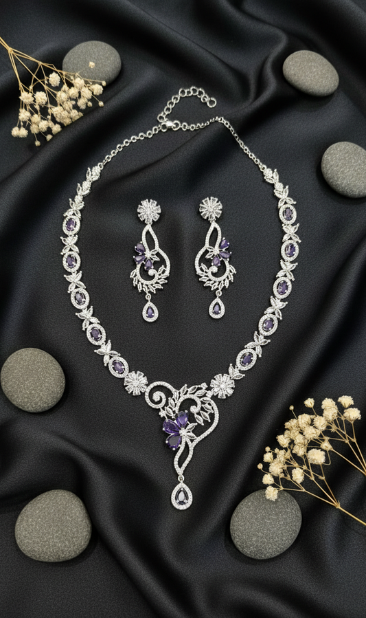 Enchanted Amethyst Bloom Necklace with Dainty Earrings