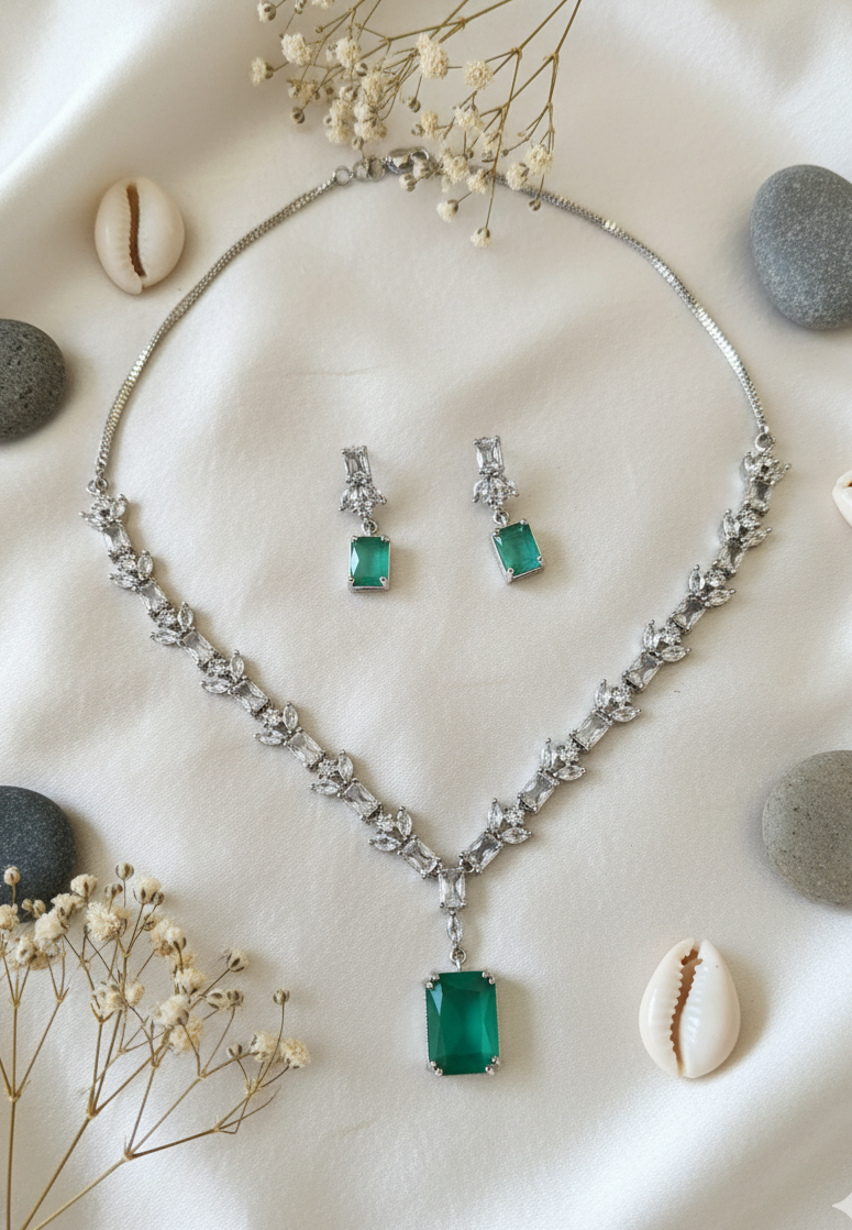 Emerald Green American Diamond Necklace Set