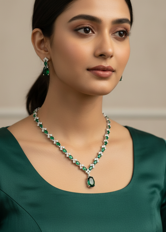 Classic Emerald Green American Diamond Necklace Set