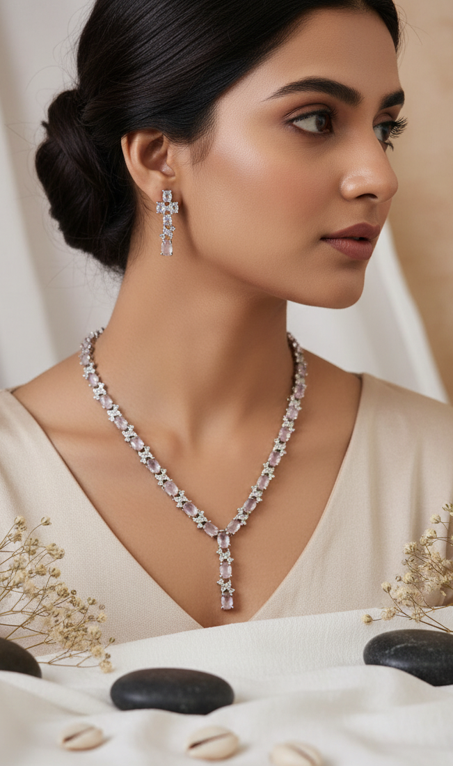 Delicate American Diamond Crystal Drop Necklace Set