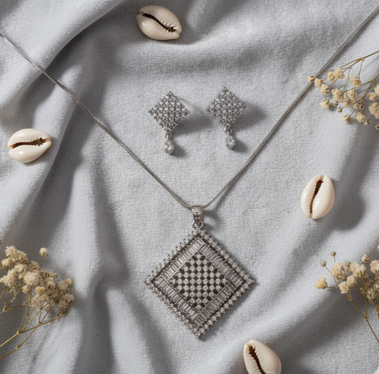 American Diamond Geometric Pendant & Earrings Set