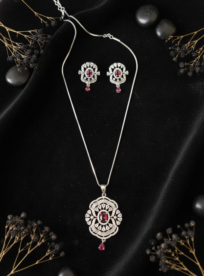 Ruby Bloom American Diamond Pendant Set