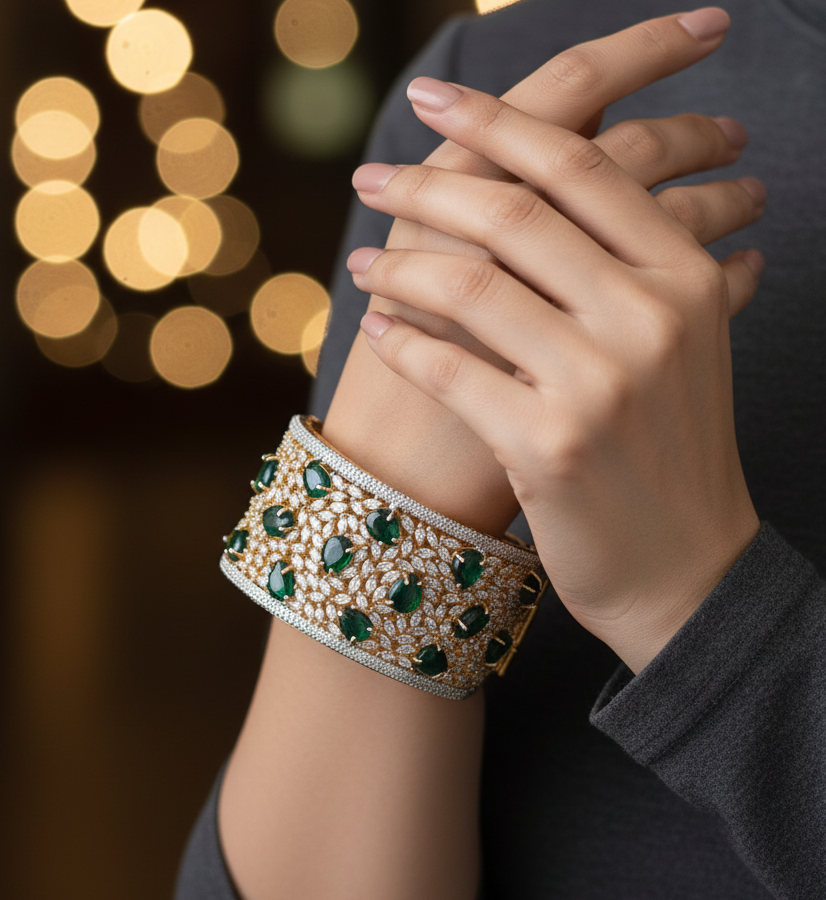 Emerald Bloom Gold-Plated American Diamond Bracelet
